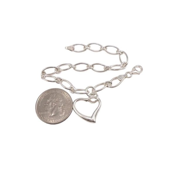 Sterling Silver Elongated Rolo Starter Charm Heart Chain Link Bracelet 7.5" 6mm - Picture 4 of 4